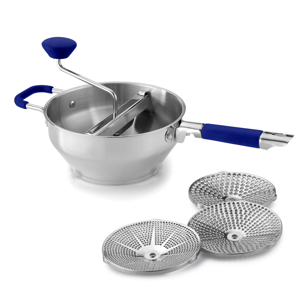 Rotary Stainless Steel Food Mill Strainer Potato Masher Grinder Vegetable Mill Detachable Silicone Handle with 3 Milling Discs