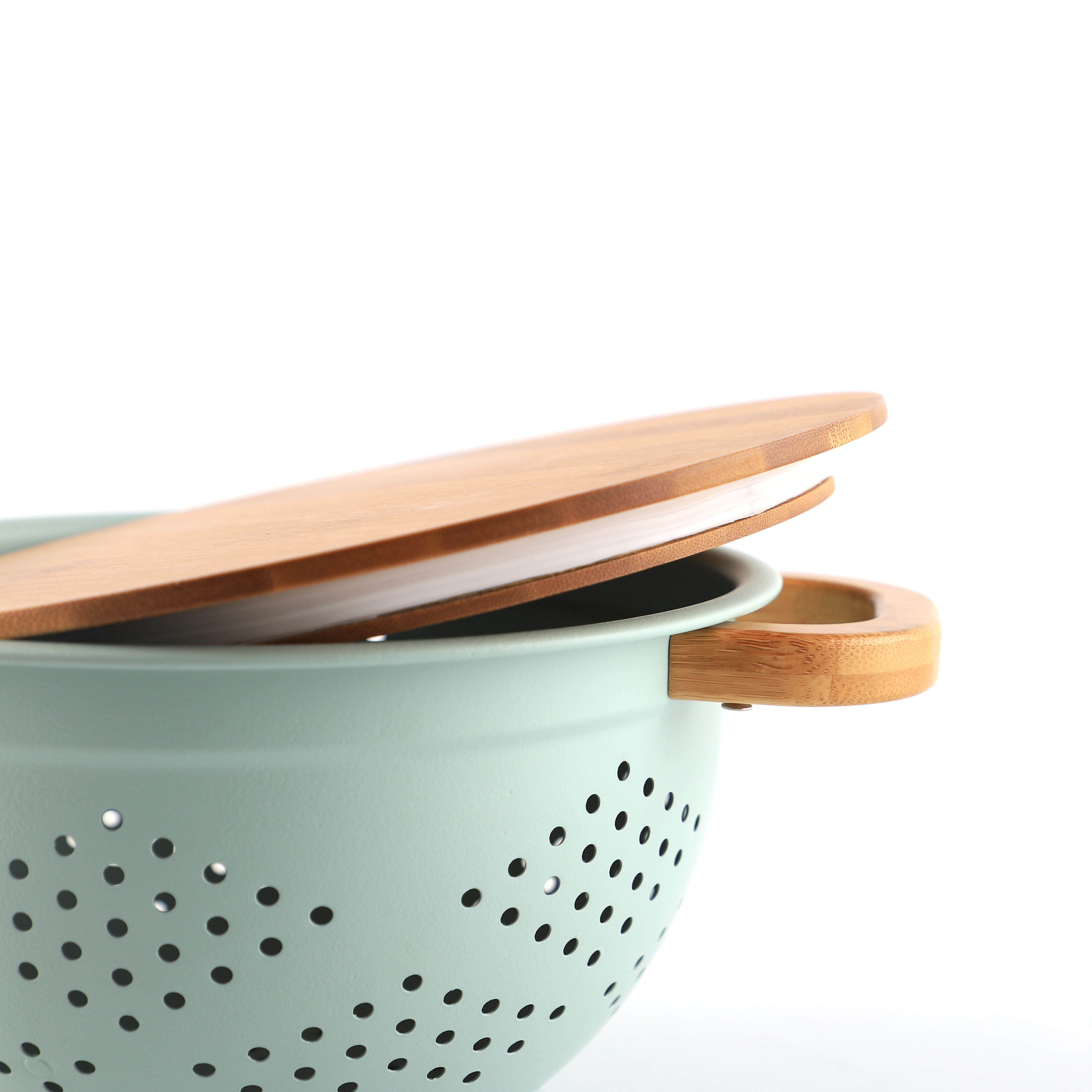 Fruit Vegetable Kitchen Strainer Colanders Set Stainless Steel Drain Wash Storage Drain Basket With Wooden Handle Lid