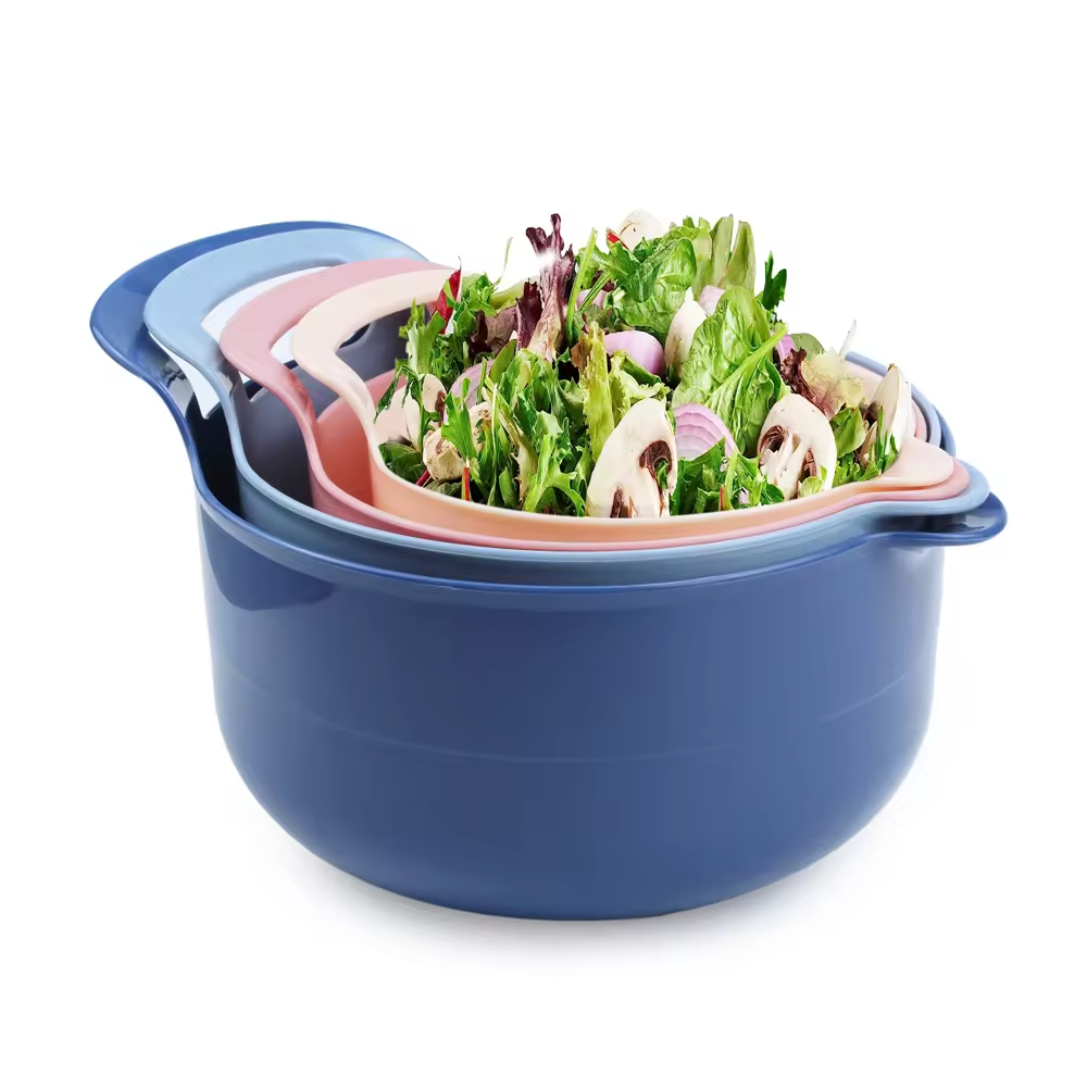 Multifunctional Stackable Mixing Bowls 4 Piece Nesting Plastic Mixing Bowl Set with Pour Spouts and Handles Salad Mixing Bowl