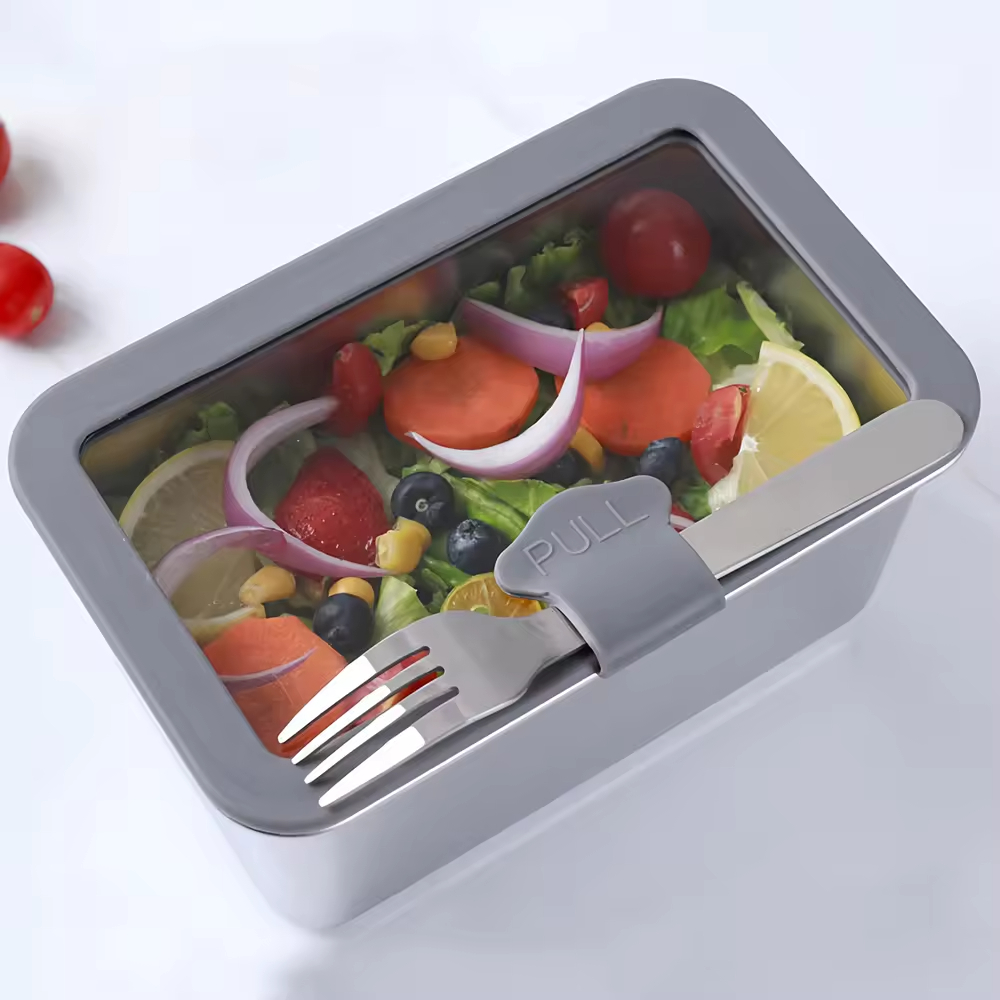Design 304 Stainless Steel Fresh-keeping Lunch Box Glass Cover Leak-proof Heating Food Grade Microwave Sealed Box