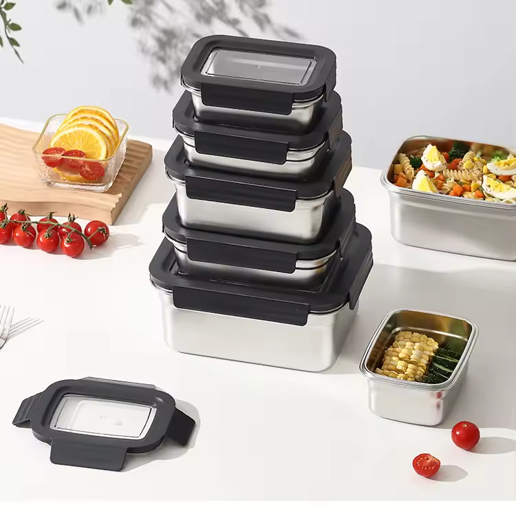 New Design 304/316 Stainless Steel Fresh-keeping Box Snap-on Refrigerator Storage Box Heating Food Grade Microwave sealed Box