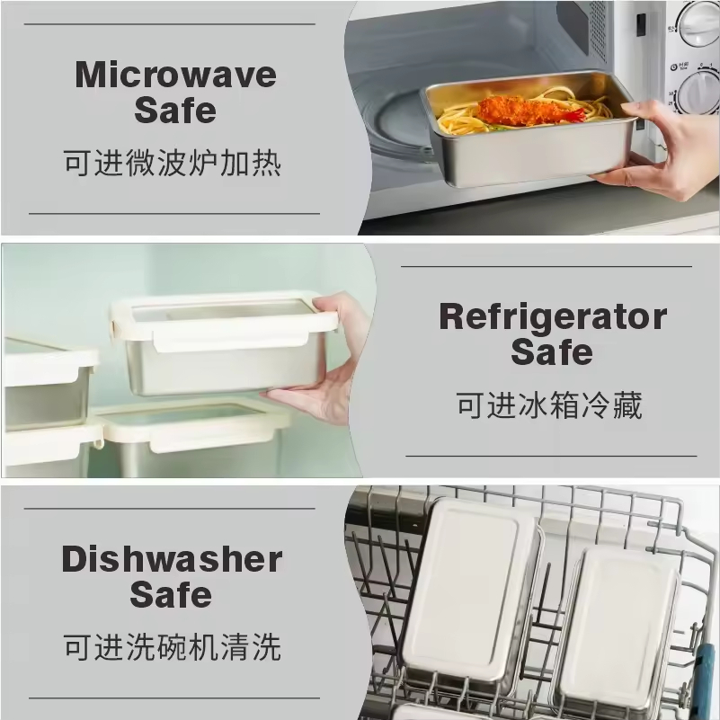 Design 304/316 Stainless Steel Fresh-keeping Box Snap-on Refrigerator Storage Box Heating Food Grade Microwave sealed Box