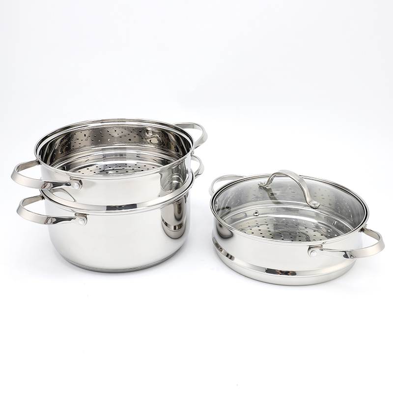 Factory Direct Sales Multi-purpose 3 Layers Steam Pot Stainless Steel Steam Cooker with Steamer Basket and Tempered Glass Lid