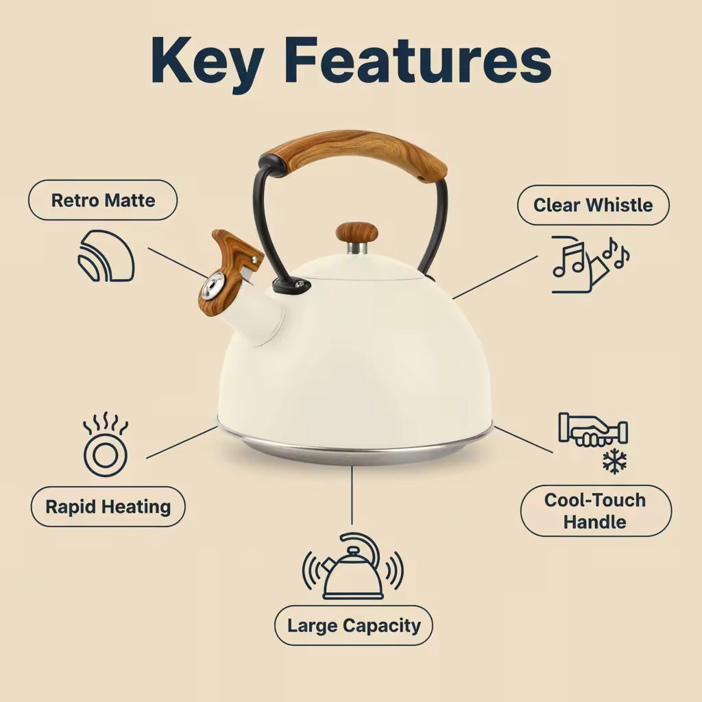 Factory Wholesale 3L Whistling Tea Kettle Pot Wood-Pattern Cool-Touch Handle Stainless Steel Hot Water Teapot for ALL Stovetop