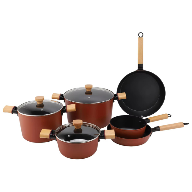 9 PCS Customizable Ceramic Non Stick Pans and Pots Set Induction Cast Aluminum Cookware Set Pots and Pans Set with Wood Handle