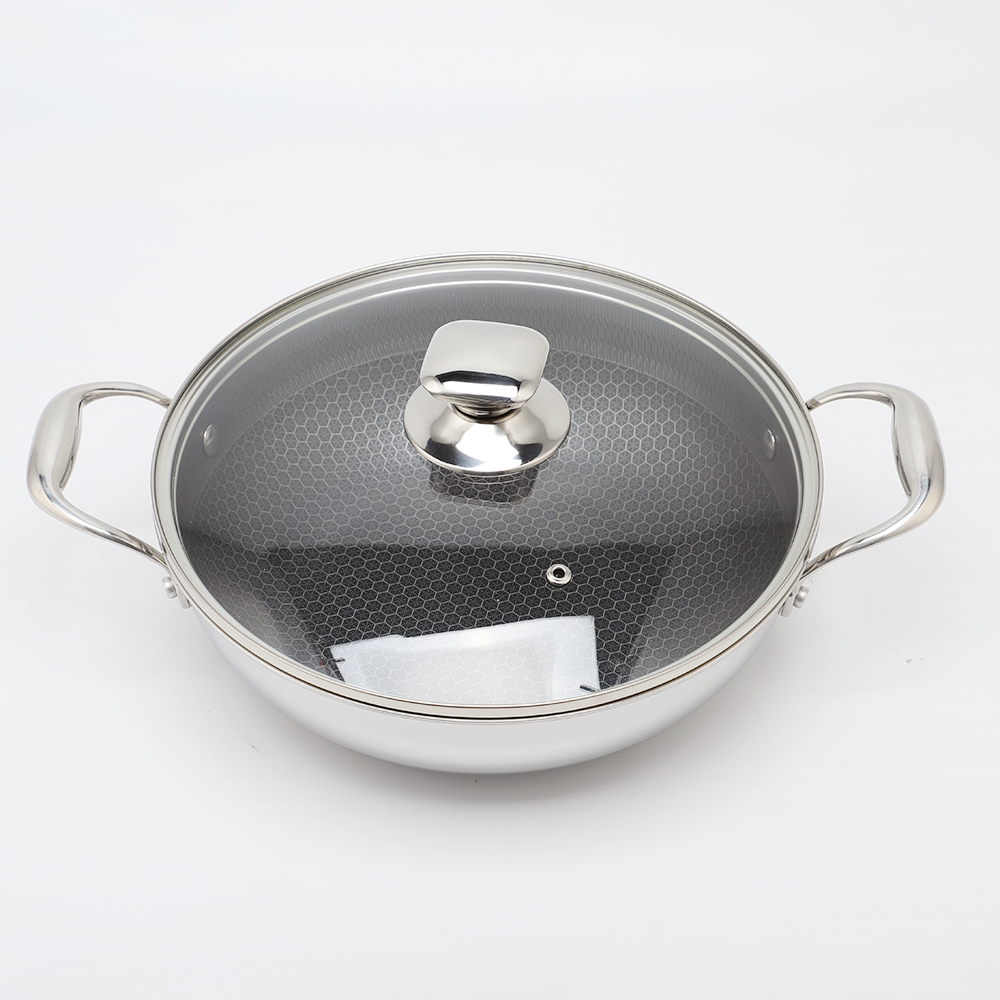 Tri-ply Hybrid Pan & Wok with Double Ears PFAS PFOA Free Honeycomb Stainless Steel Non-stick Wok Pan Cookware With Glass Lid