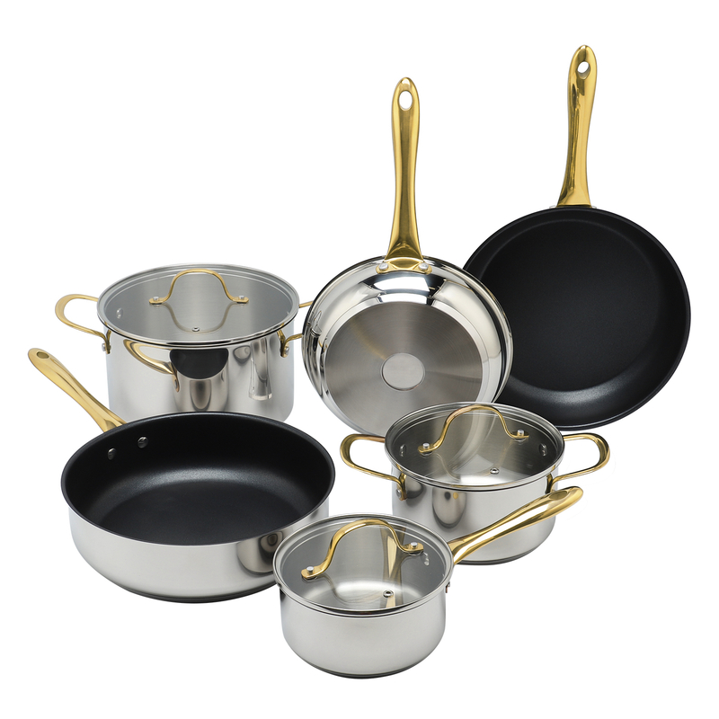 Wholesale Custom Gold Color Handles 9 Piece Stainless Steel Impact Bonded Bottom Pots and Pans Non-Toxic Kitchen Cookware Set