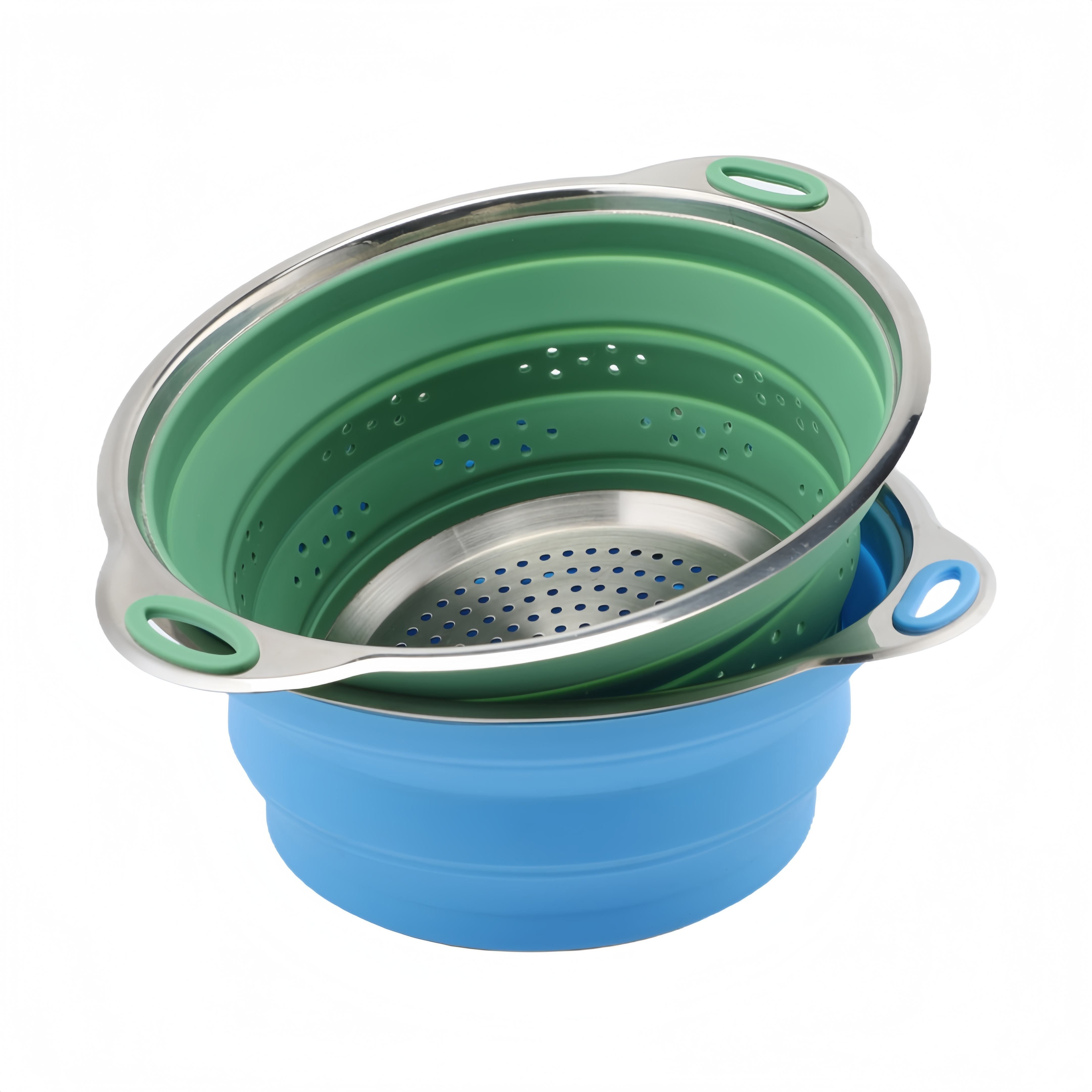 New Stainless Steel Base Folding Silicone Collapsible Colander Folding Kitchen Strainer With Handle Kitchen Silicone Basket