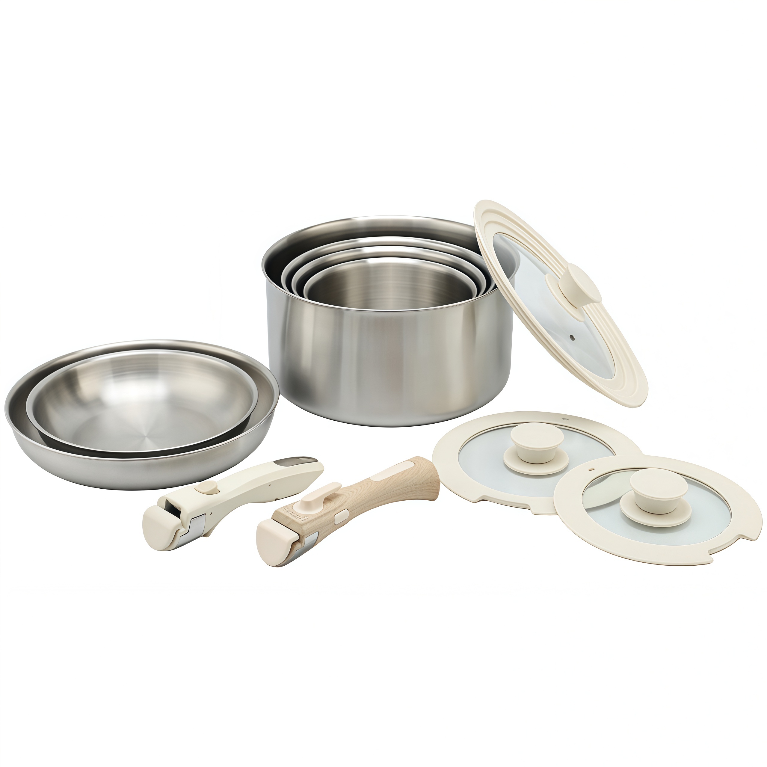 Hot Sale Custom High Quality Tri-Ply Kitchenware Stackable 13 Piece Removable Handle Cookware Set with Glass Lids