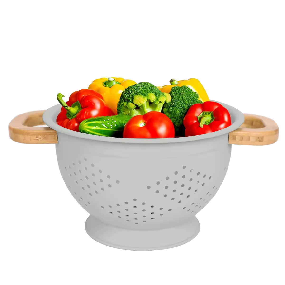 Fruit Vegetable Kitchen Strainer Colanders Set Stainless Steel Drain Wash Storage Drain Basket With Wooden Handle Lid