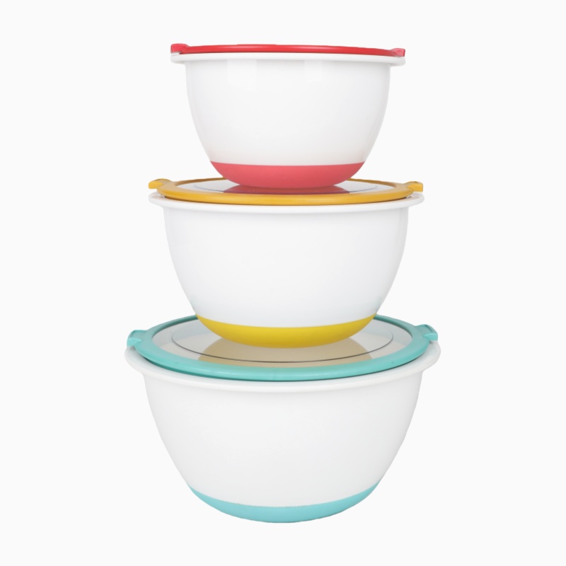 Non Slip Silicone Bottom Plastic Mixing Bowls Set With Airtight Lids