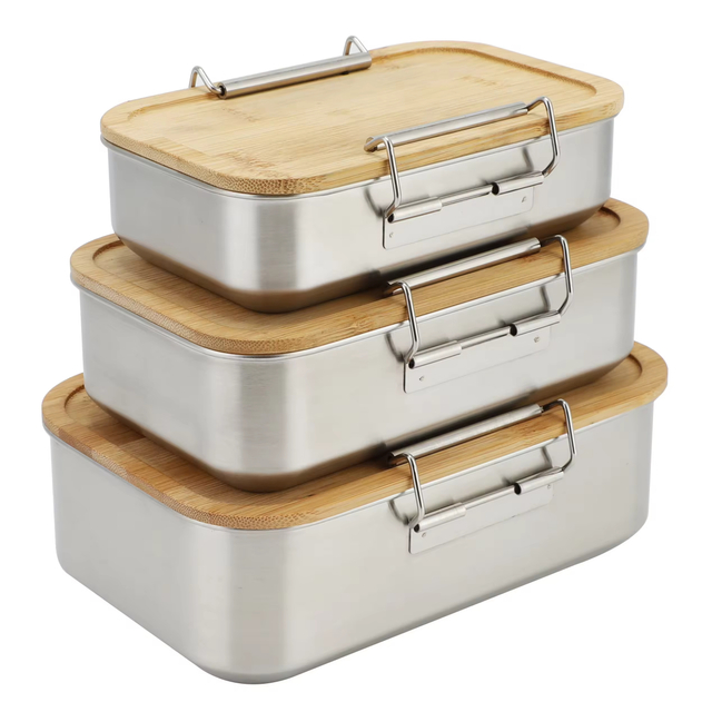 New Bamboo Lid Stainless Steel Food Container Food Packaging Containers Leakproof Metal Bento Lunch Box Stainless Steel Food Carrier