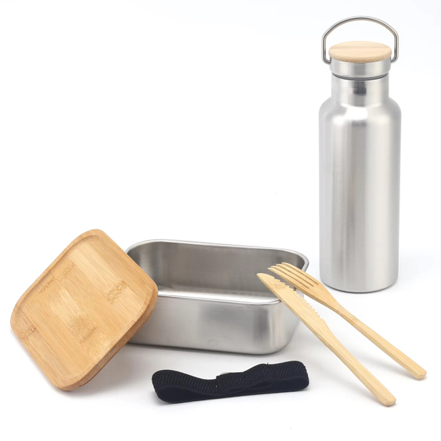 Stainless Steel 304 Water Bottle & Bamboo Lid Lunch Box Food Packaging Containers Leakproof Metal Bento Lunch Box Food Carrier