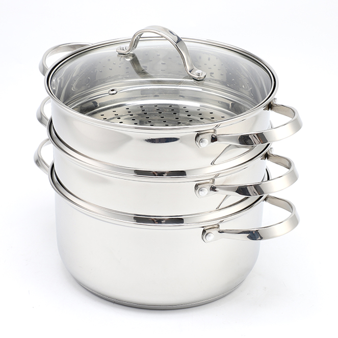 Factory Direct Sales Multi-purpose 3 Layers Steam Pot Stainless Steel Steam Cooker with Steamer Basket and Tempered Glass Lid