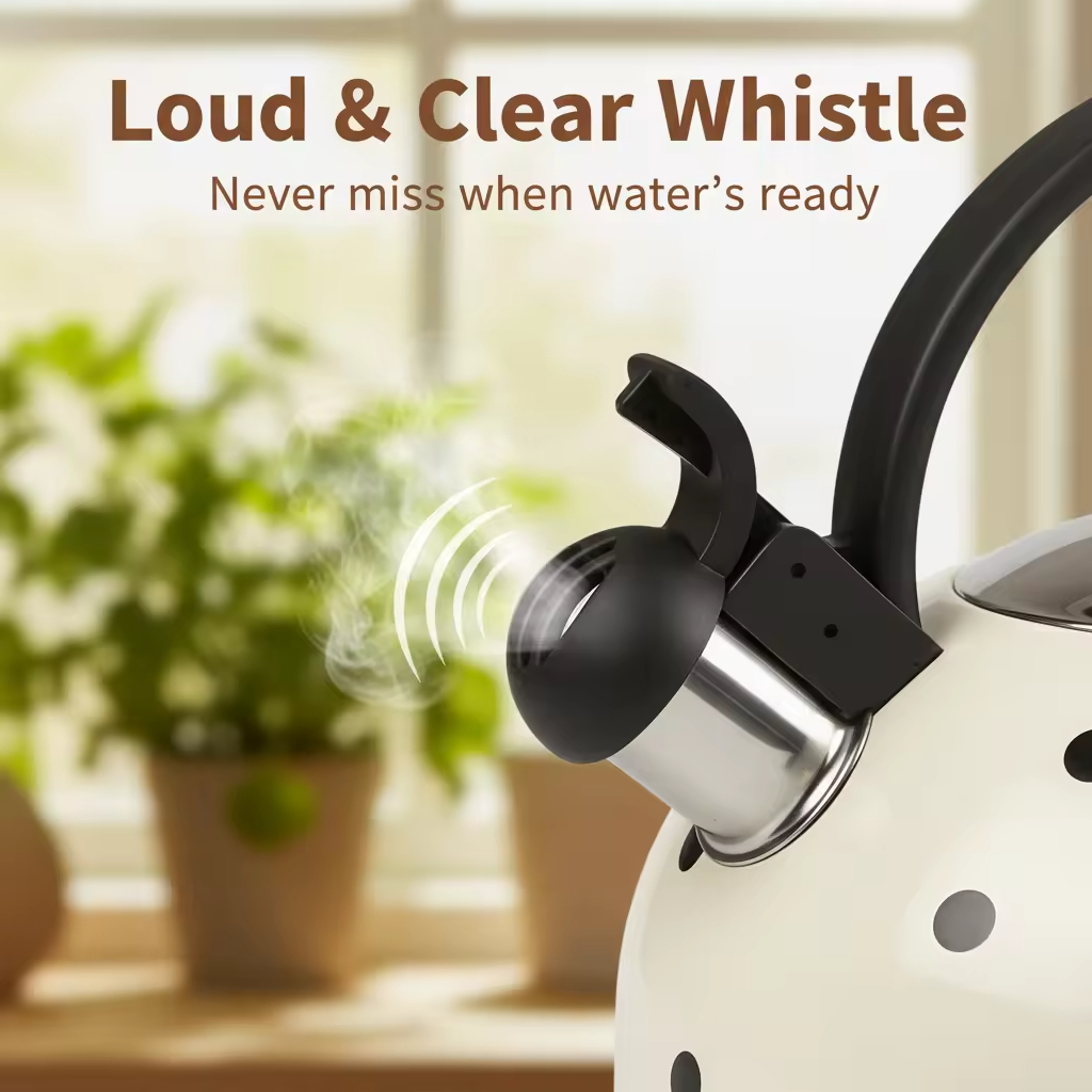 Factory Wholesale 2.5L Whistling Tea Kettle Pot Polka Dot Cream/Ivory Color Stainless Steel Hot Water Teapot for ALL Stovetop