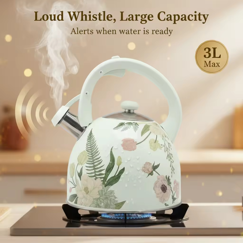 Factory Wholesale 3L Whistling Tea Kettle Pot Customized Vintage Floral Design Stainless Steel Hot Water Teapot for ALL Stovetop