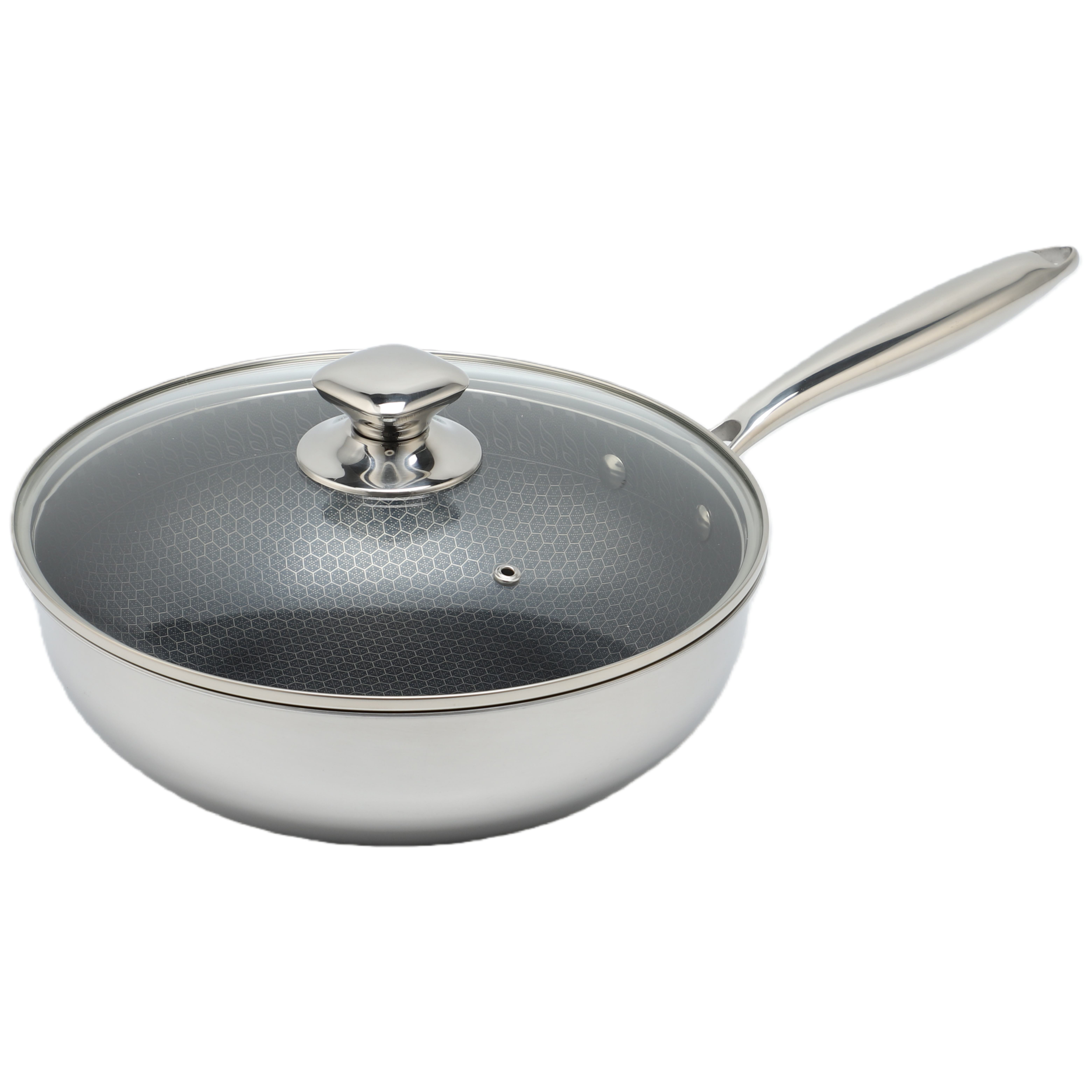 2 Pcs Stainless Steel Double-sided Honeycomb Small Wok Pan with Tri-ply Base and Glass Lids Uncoated Non-stick Wholesale