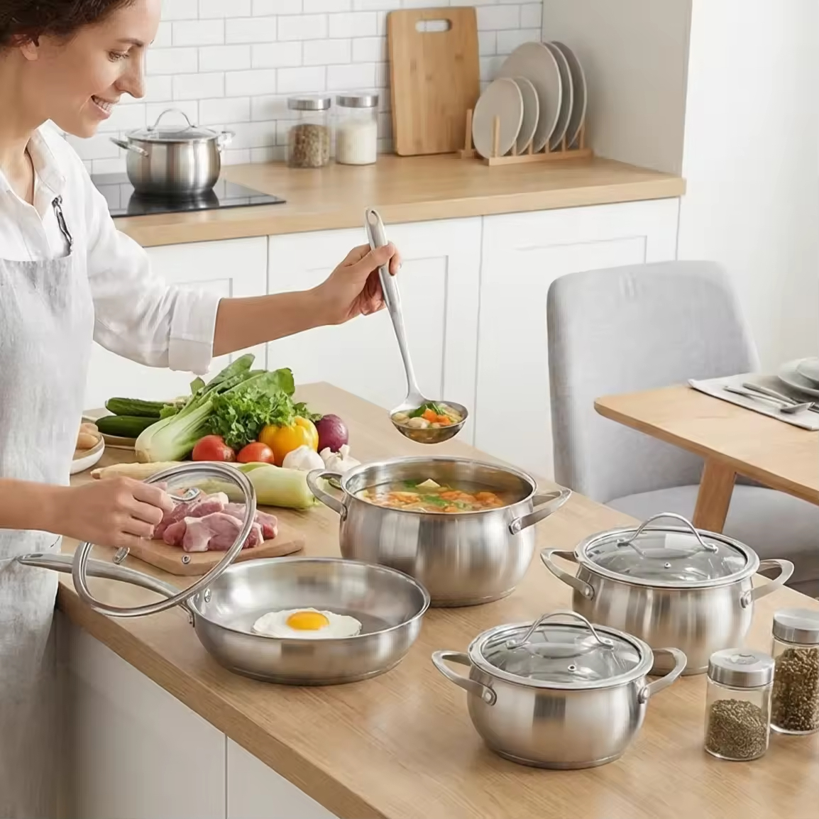 Wholesale Custom 10 Pieces Cookware Sets Apple Shape Stainless Steel Cooking Pot Casserole Set Soup Pots and Frying Pans Set