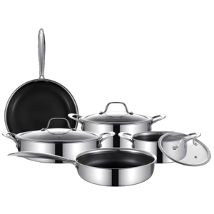 8 Pieces Stainless Steel Non-stick Cookware Set Hex Hybrid Honeycomb Bottom Saucepan Stock Pot Frying Pan Wok Set with Glass Lid