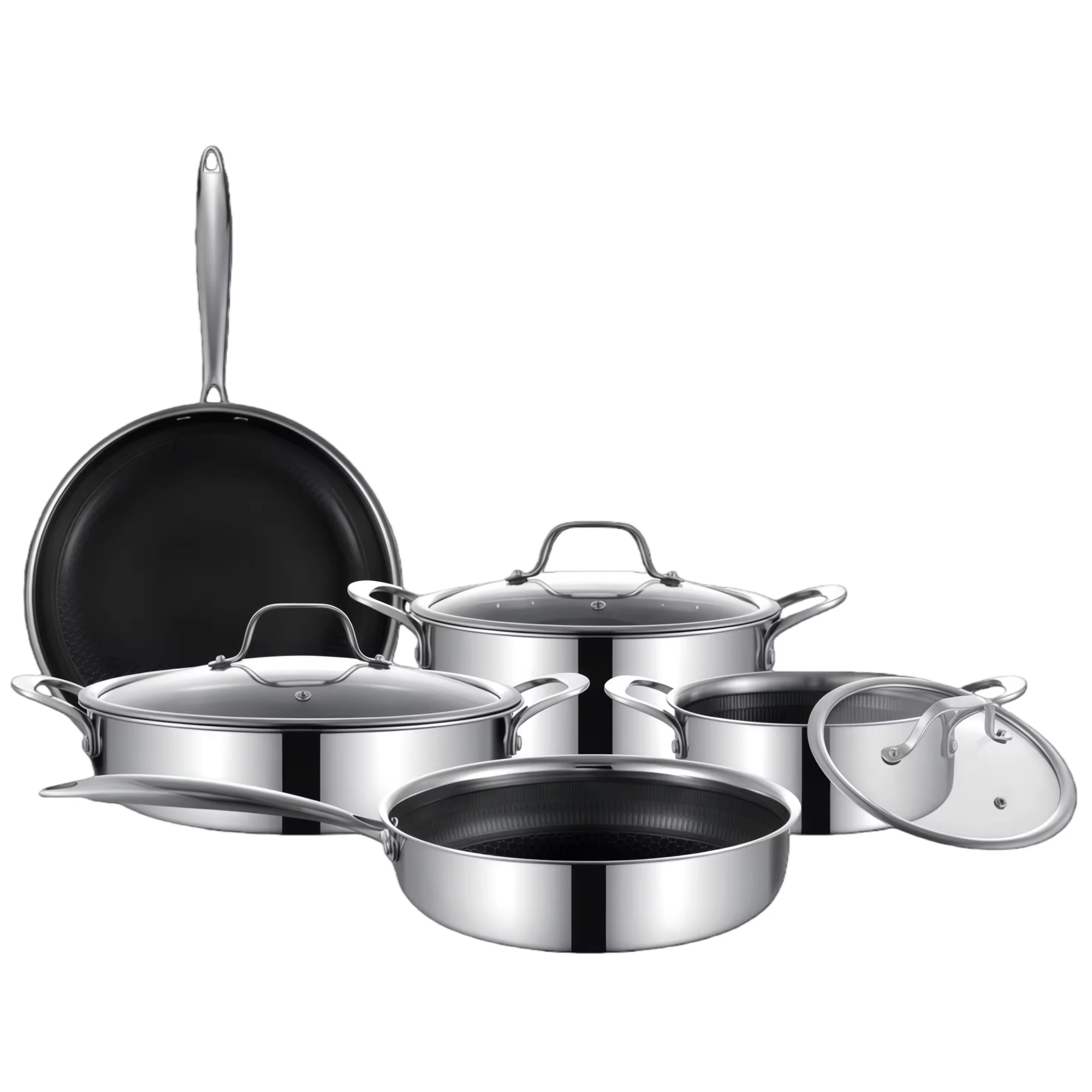 8 Pieces Stainless Steel Non-stick Cookware Set Hex Hybrid Honeycomb Bottom Saucepan Stock Pot Frying Pan Wok Set with Glass Lid
