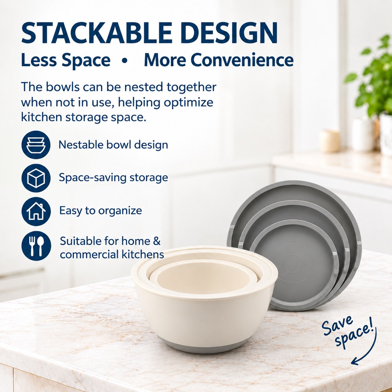 3-Piece Eco-Friendly Plastic Kitchen Mixing Bowl Set with PE Lid Versatile Salad Bowl Non Slip Nesting for Salad Cooking Baking 