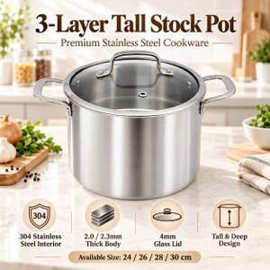 Factory Supply Tri-ply Stainless Steel Tall Stockpot Set With Stainless Steel Handle & Glass Lid Stockpot Suitable All Cooktops