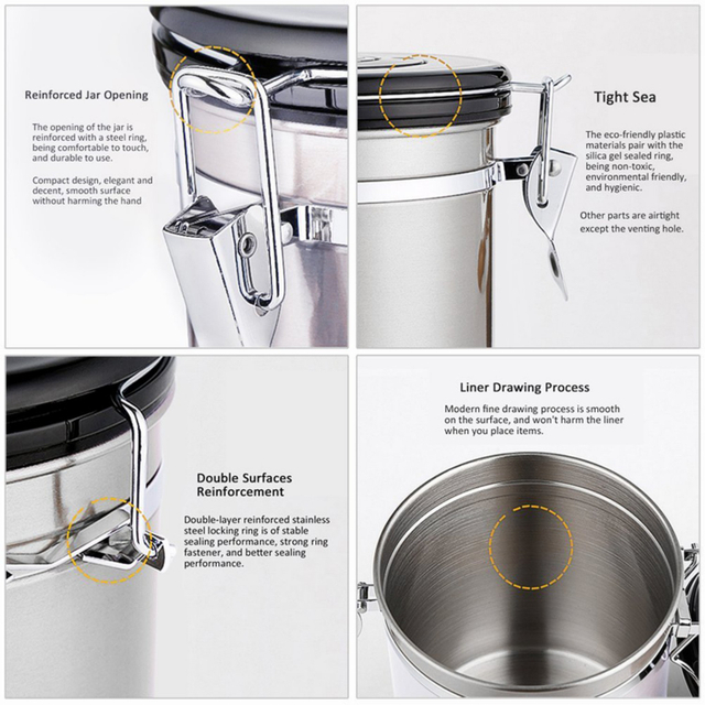 Airtight Stainless Steel Coffee Canister with Co 2 Valve Food Storage with Stainless Steel Scoop