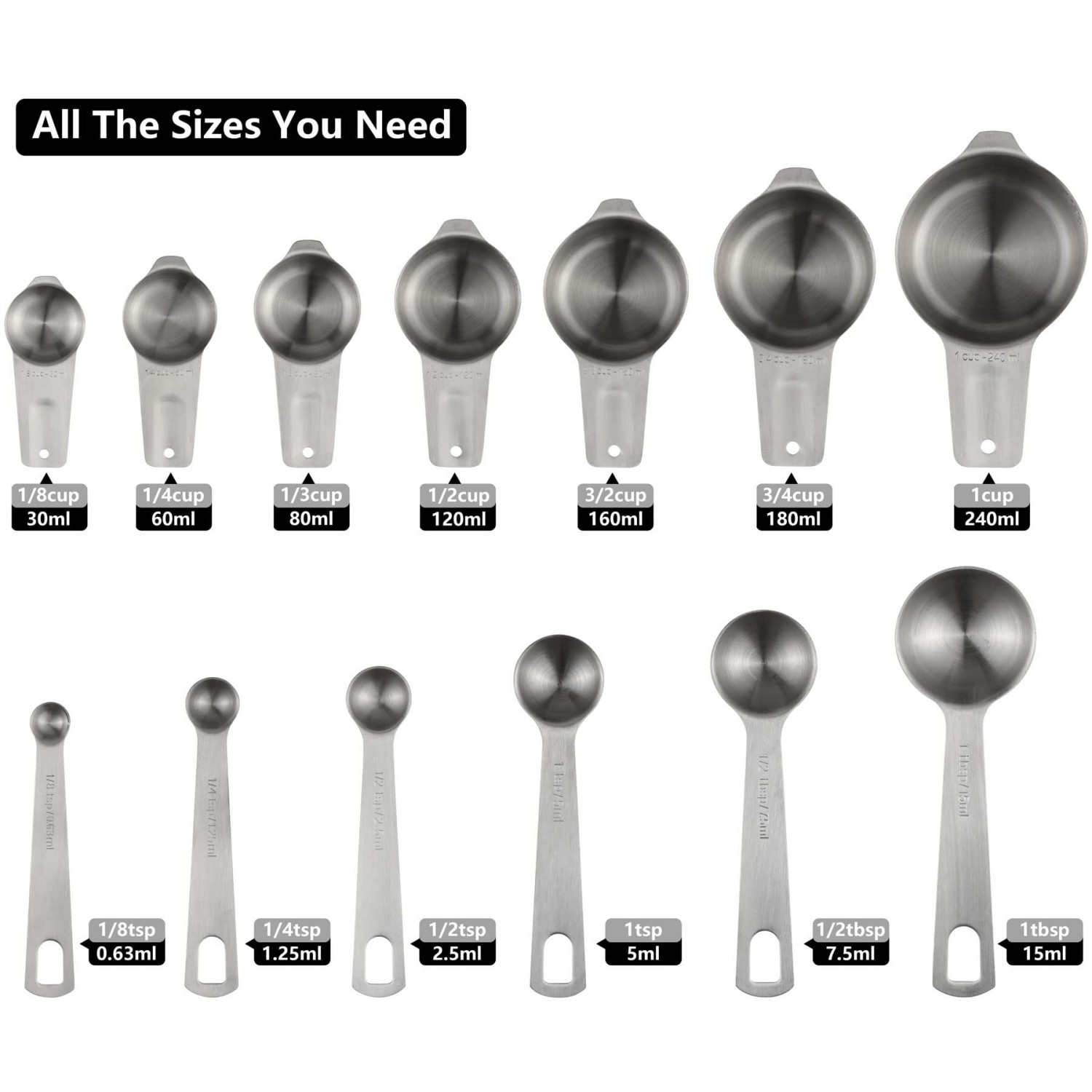 Custom Hot Sell 19 Piece Stainless Steel Measuring Cups and Spoons Set With Handle