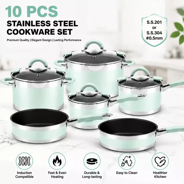 Factory New Arrival Stainless Steel Cookware Set with Stainless Steel + Silicone Handle Cooking Pots and Pans Brazed Bottom Cookware Set Saucepan Casserole