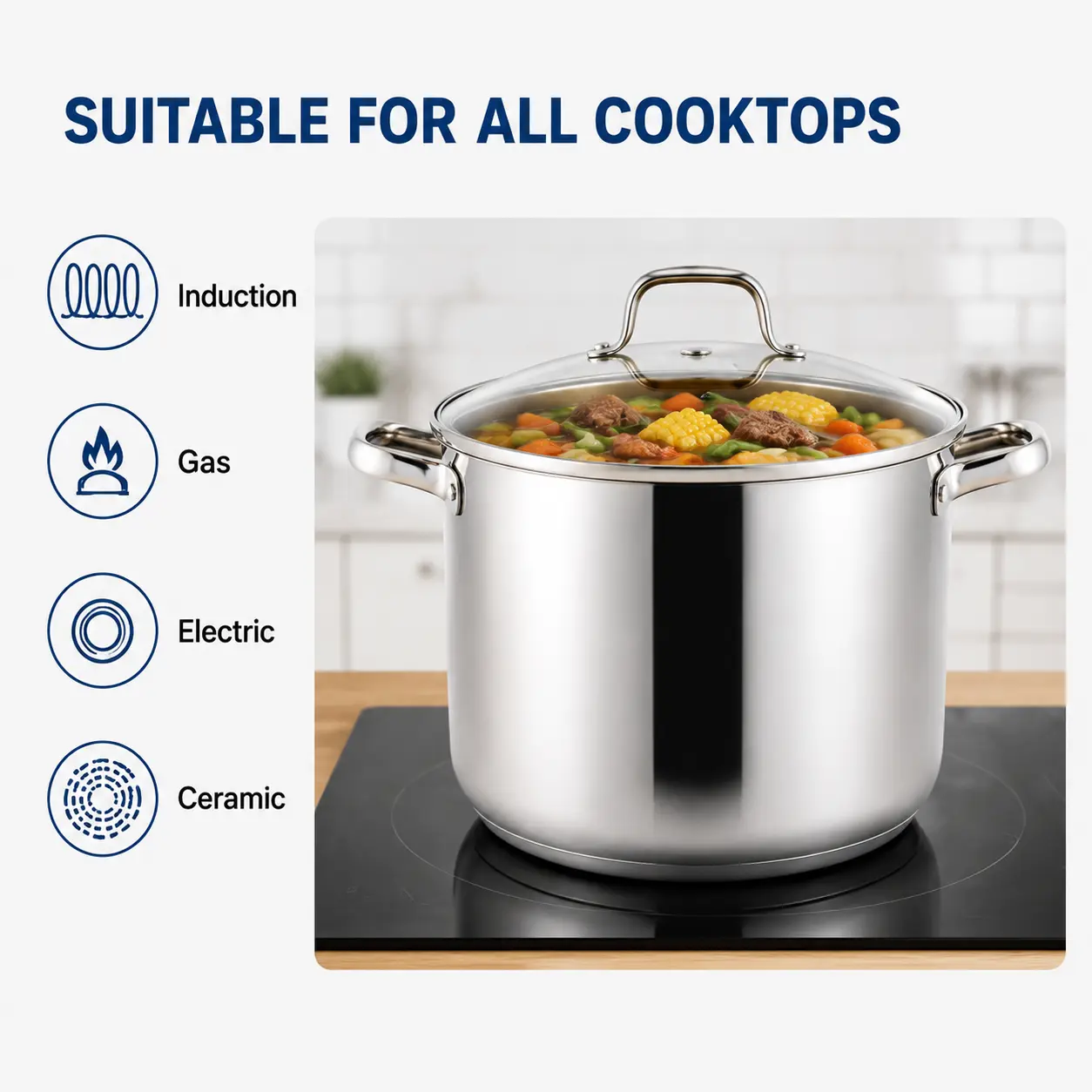 Factory Supply Stainless Steel Stockpot Set With Stainless Steel Handle & Glass Lid Brazed Bottom Stockpot Suitable All Cooktops