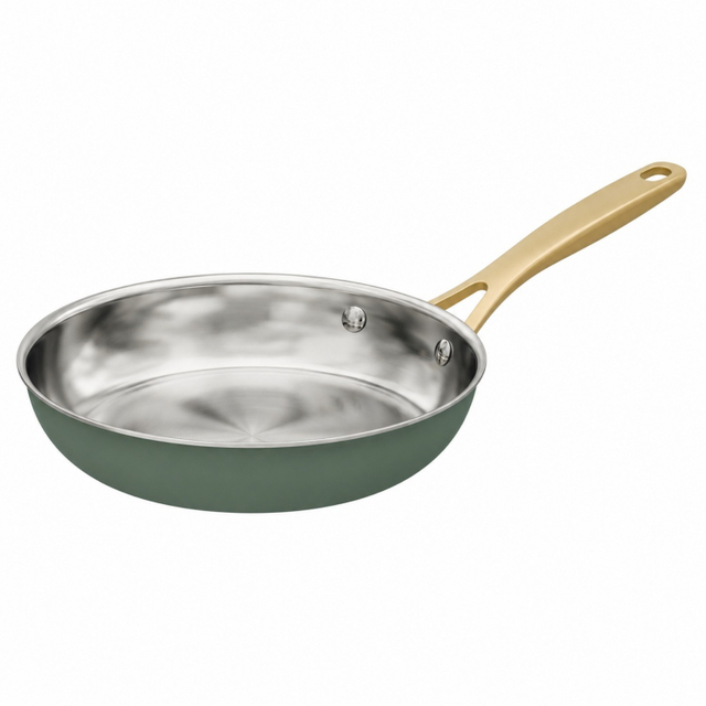 Factory Supply Wholesale 11 Pieces 2-ply Stainless Steel Cookware Sets 2-ply Kitchen Cooking Frying Pan Set with Golden Handle