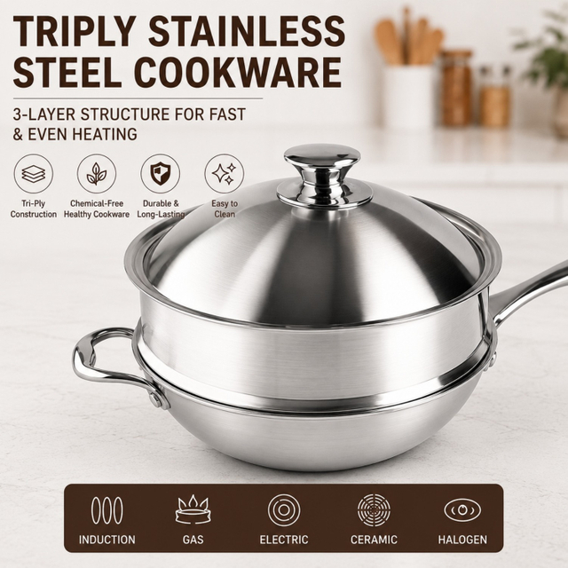 Factory New Arrival Triply Stainless Steel Wok Food Grade Cooker Pot With Steamer Insert No Coating Stainless Steel Kitchenware