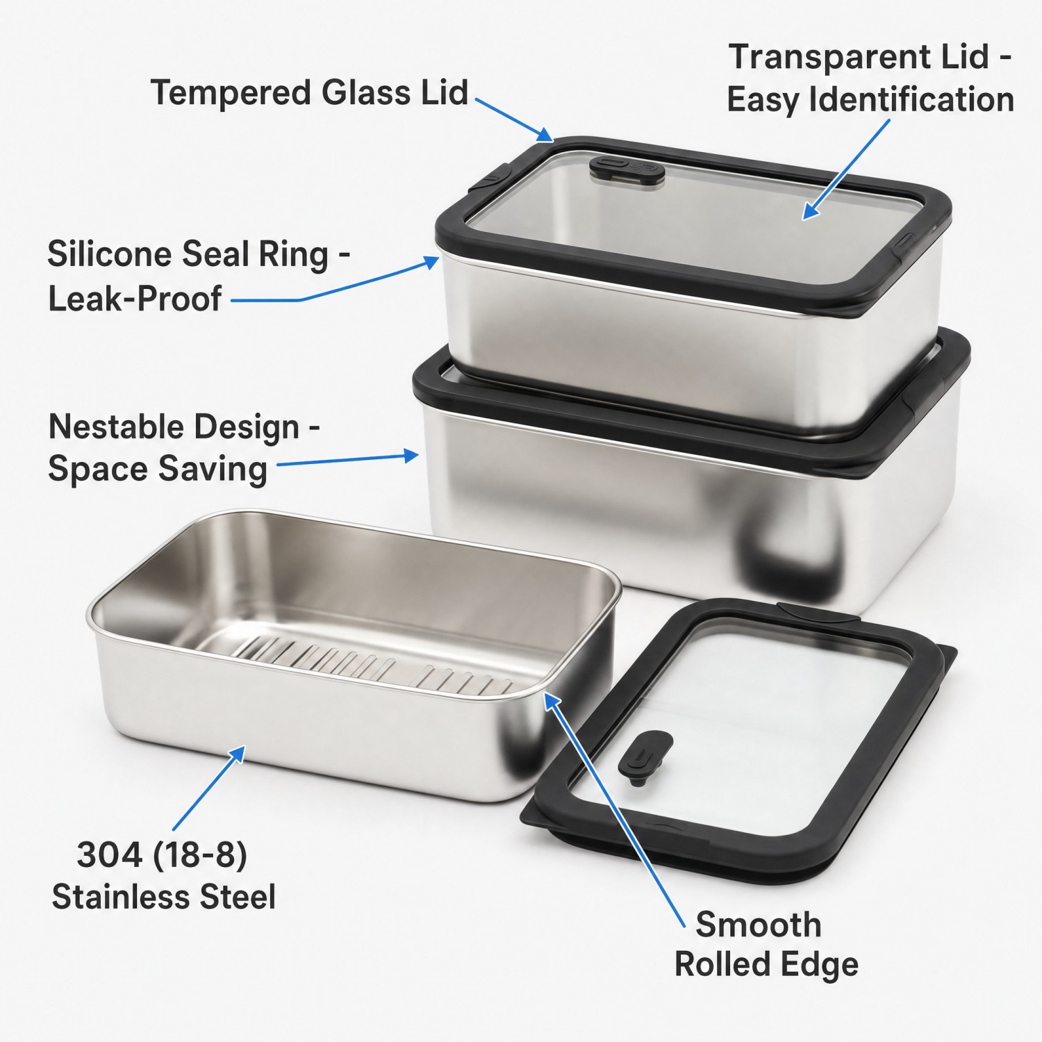 New Design 304 Stainless Steel Fresh-keeping Lunch Box Glass Cover Leak-proof Heating Food Grade Microwave Sealed Box