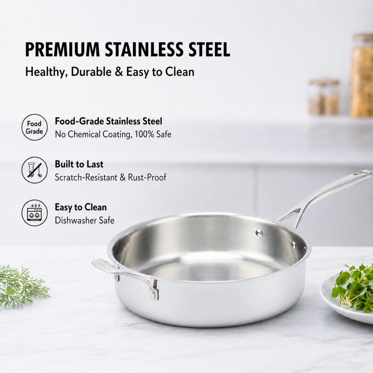 Hot Sale Factory New Arrival Non-coating Triply Stainless Steel Saute Pan Stainless Steel Pan with Handle Cooking Pots Skillets