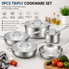 Factory New Arrival 9 Piece High Quality Wholesale 18/10 Triply Stainless Steel Pots and Pans Cookware Set Saucepan Frying Pan