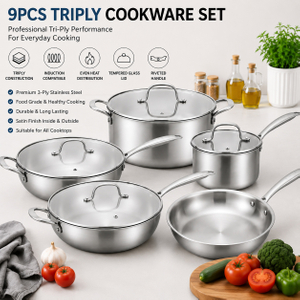 Factory New Arrival 9 Piece High Quality Wholesale 18/10 Triply Stainless Steel Pots and Pans Cookware Set Saucepan Frying Pan