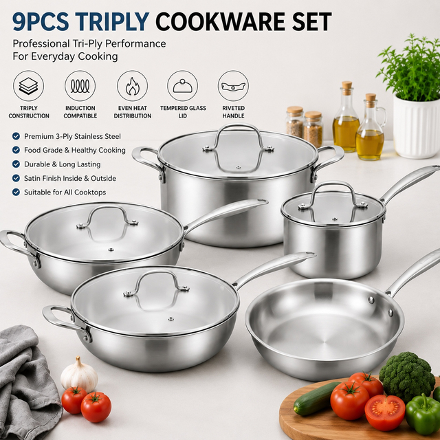 Factory New Arrival 9 Piece High Quality Wholesale 18/10 Triply Stainless Steel Pots and Pans Cookware Set Saucepan Frying Pan