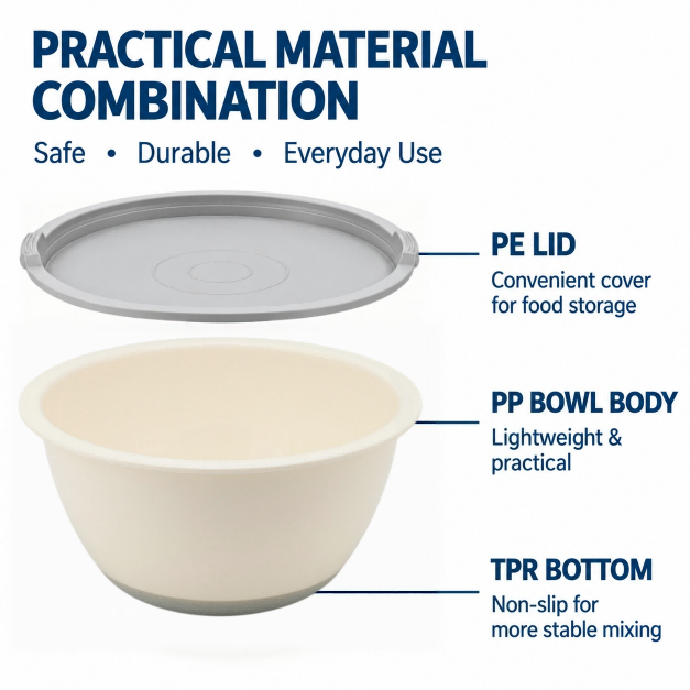 3-Piece Eco-Friendly Plastic Kitchen Mixing Bowl Set with PE Lid Versatile Salad Bowl Non Slip Nesting for Salad Cooking Baking 