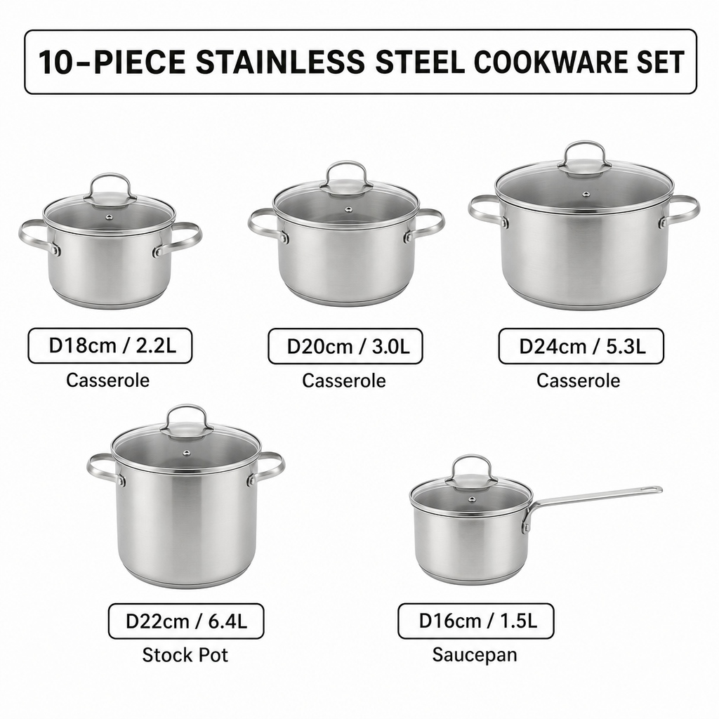Factory New Arrival 10 Pcs Stainless Steel Cookware Set with Handle Cooking Pots And Pans Brazed Bottom Cookware Set Casserole