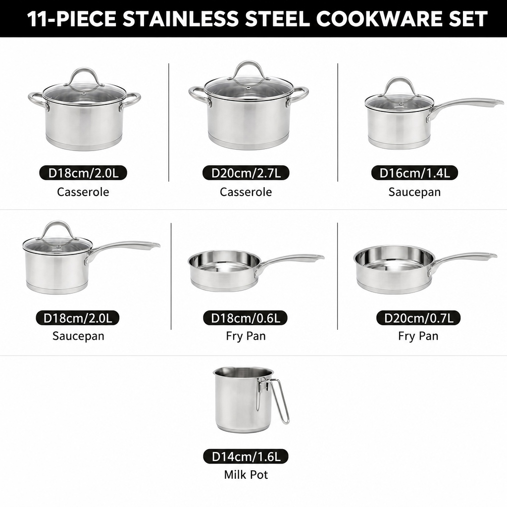 Factory New Arrival 11 Pcs Stainless Steel Cooking Pots and Pans with Handle Cookware Set Brazed Bottom Cookware Set Casserole