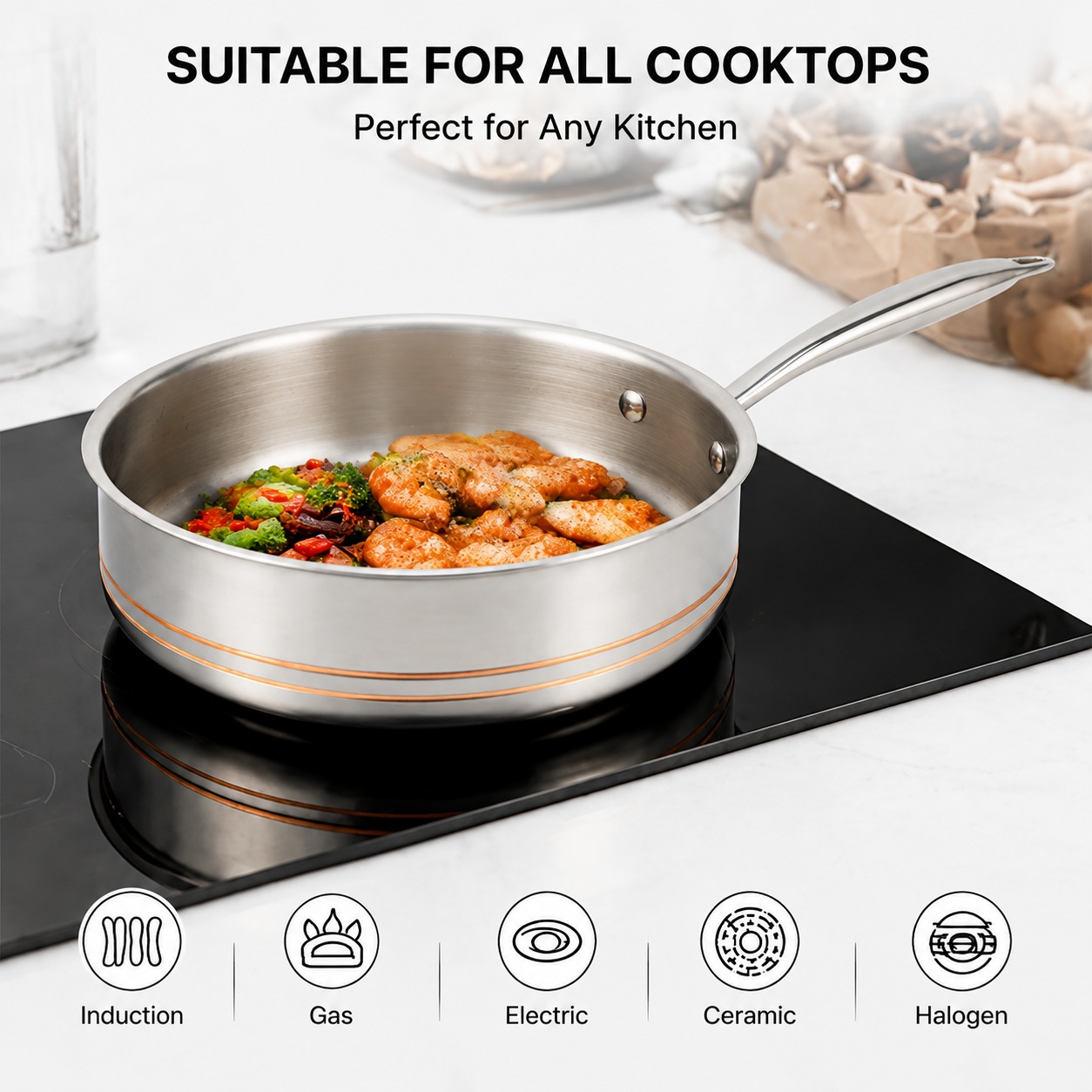 Factory Supply Wholesale 5-ply Copper Sautepan Kitchen Cooking 5-ply Copper Fry Pan with Stainless Steel Handle Fine-line Design
