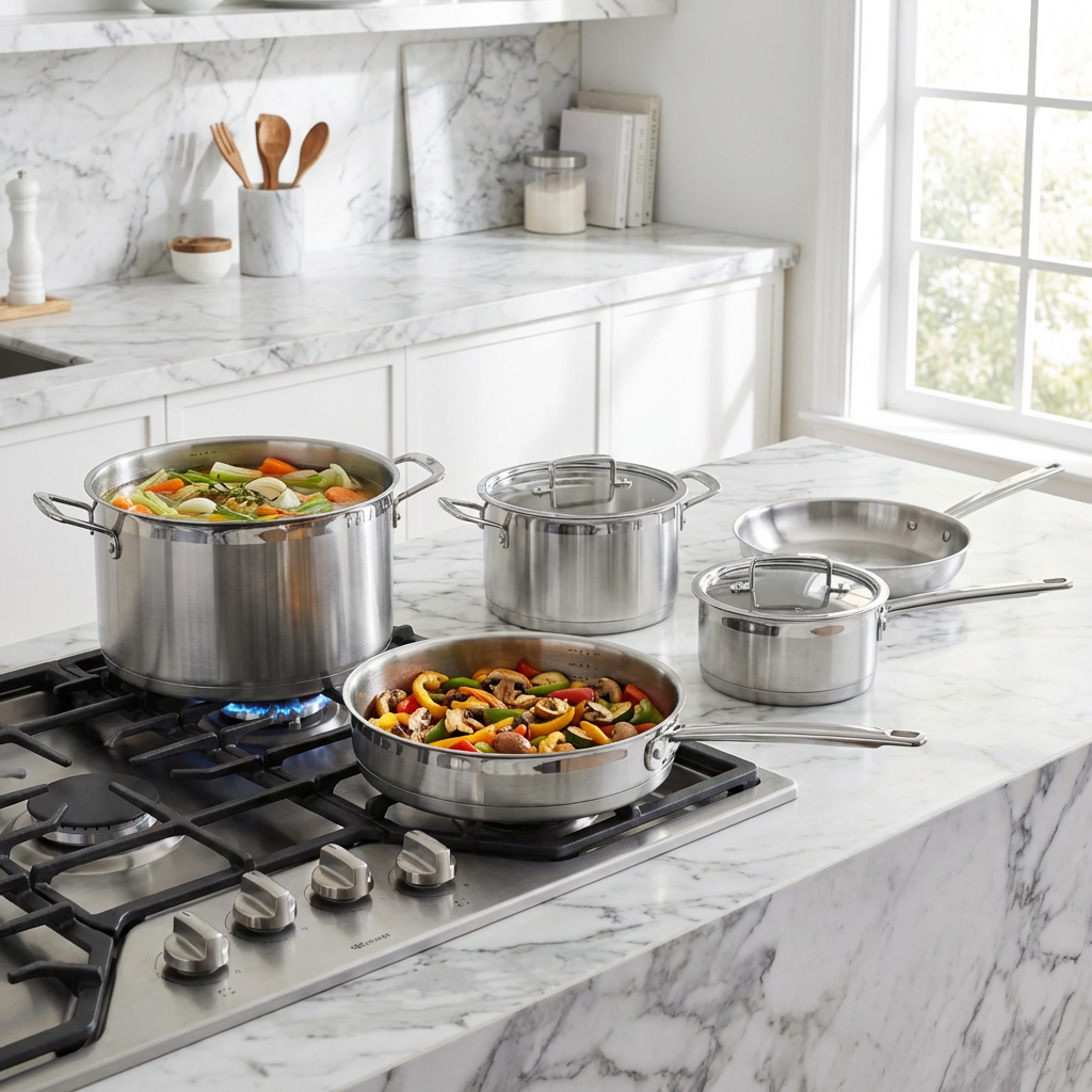 Factory New Arrival Stainless Steel Cookware Set Cooking Pots With Handle Impact Bonded Bottom Cookware Set Frypan Saucepan