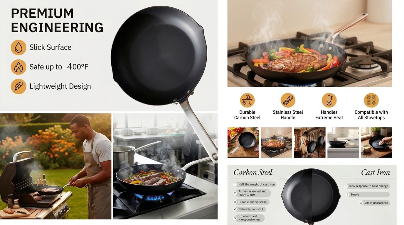 Carbon Steel Naturally Non Stick Frying Pan 
