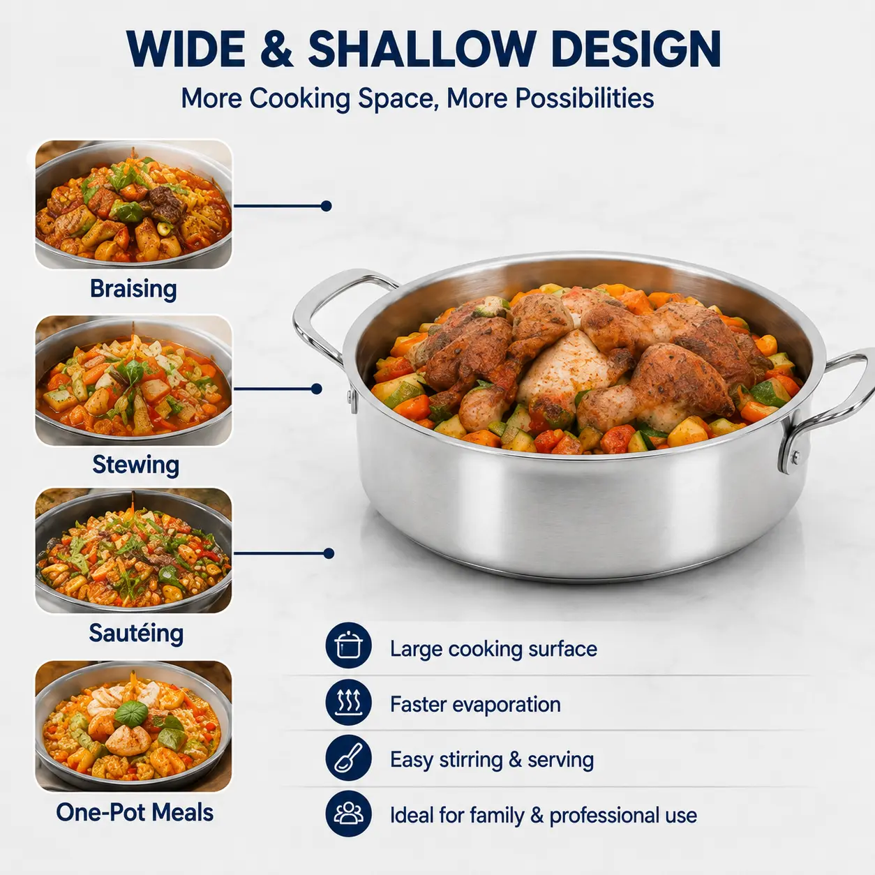 Factory Supply Stainless Steel Shallow Pot Set With Stainless Steel Handle & Lid Brazed Bottom Stockpot Suitable All Cooktops