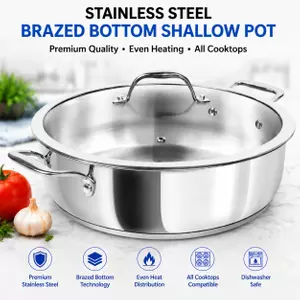 Factory Supply Stainless Steel Shallow Pot With Stainless Steel Handle and Glass Lid Brazed Bottom Pots Shallow Pot All Cooktops