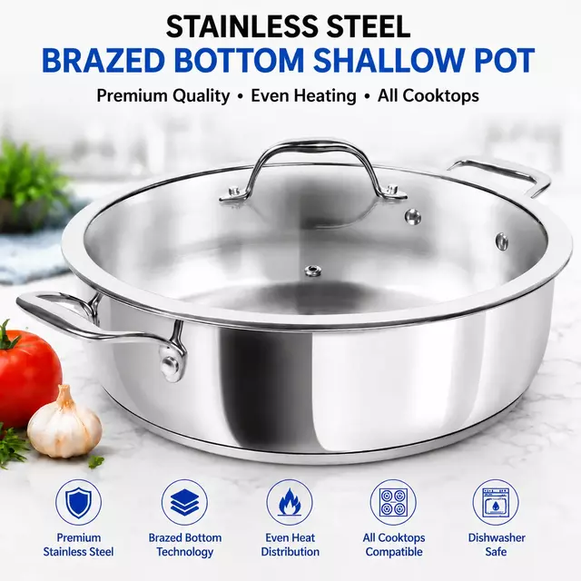 Factory Supply Stainless Steel Shallow Pot With Stainless Steel Handle and Glass Lid Brazed Bottom Pots Shallow Pot All Cooktops