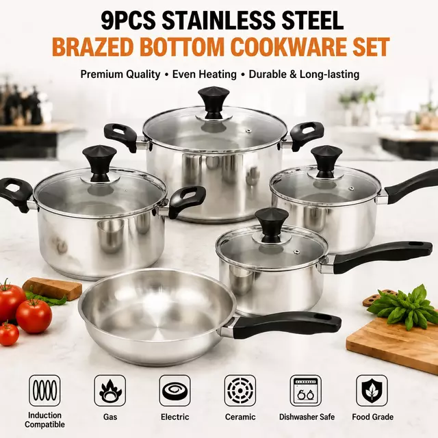 Factory New Arrival Stainless Steel Cookware Set with Handle Cooking Pots and Pans Brazed Bottom Cookware Set Saucepan Casserole