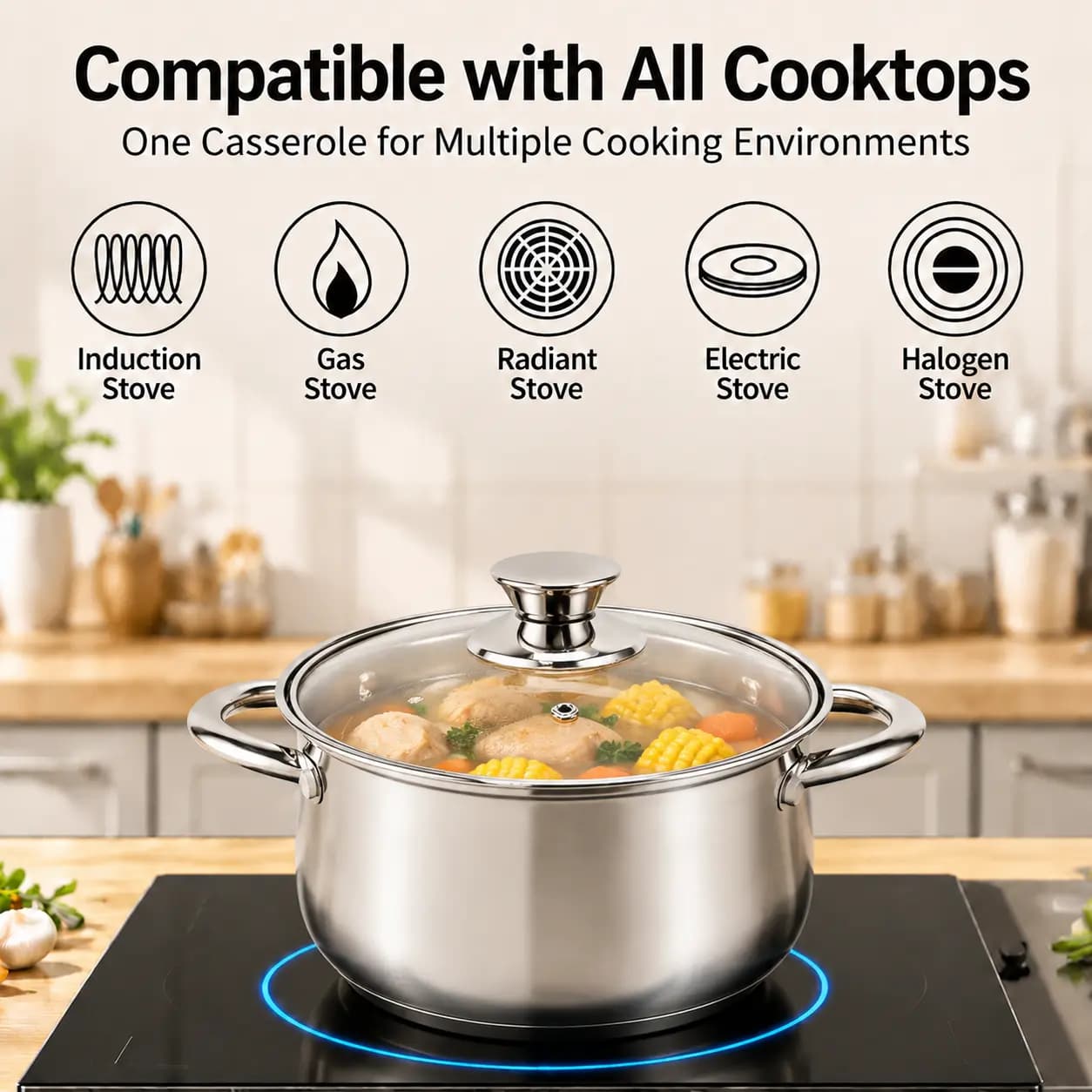 Factory Supply Stainless Steel Belly Shape Casserole Set With Stainless Steel Handle and Glass Lid Brazed Bottom Pots Casserole