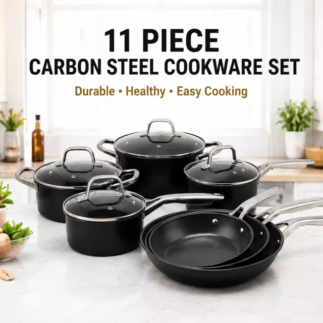 Factory New Arrival 11 Piece High Quality Wholesale Carbon Steel Pots and Pans Cookware Set Saucepan Frying Pan with Handle