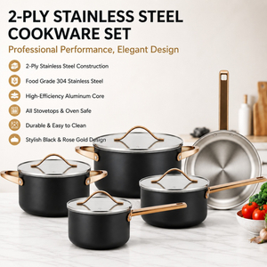 Factory New Arrival Wholesale 9 Pieces 2-ply Stainless Steel Cookware Sets 2-ply Kitchen Cooking Pan Pot Set with Golden Handle